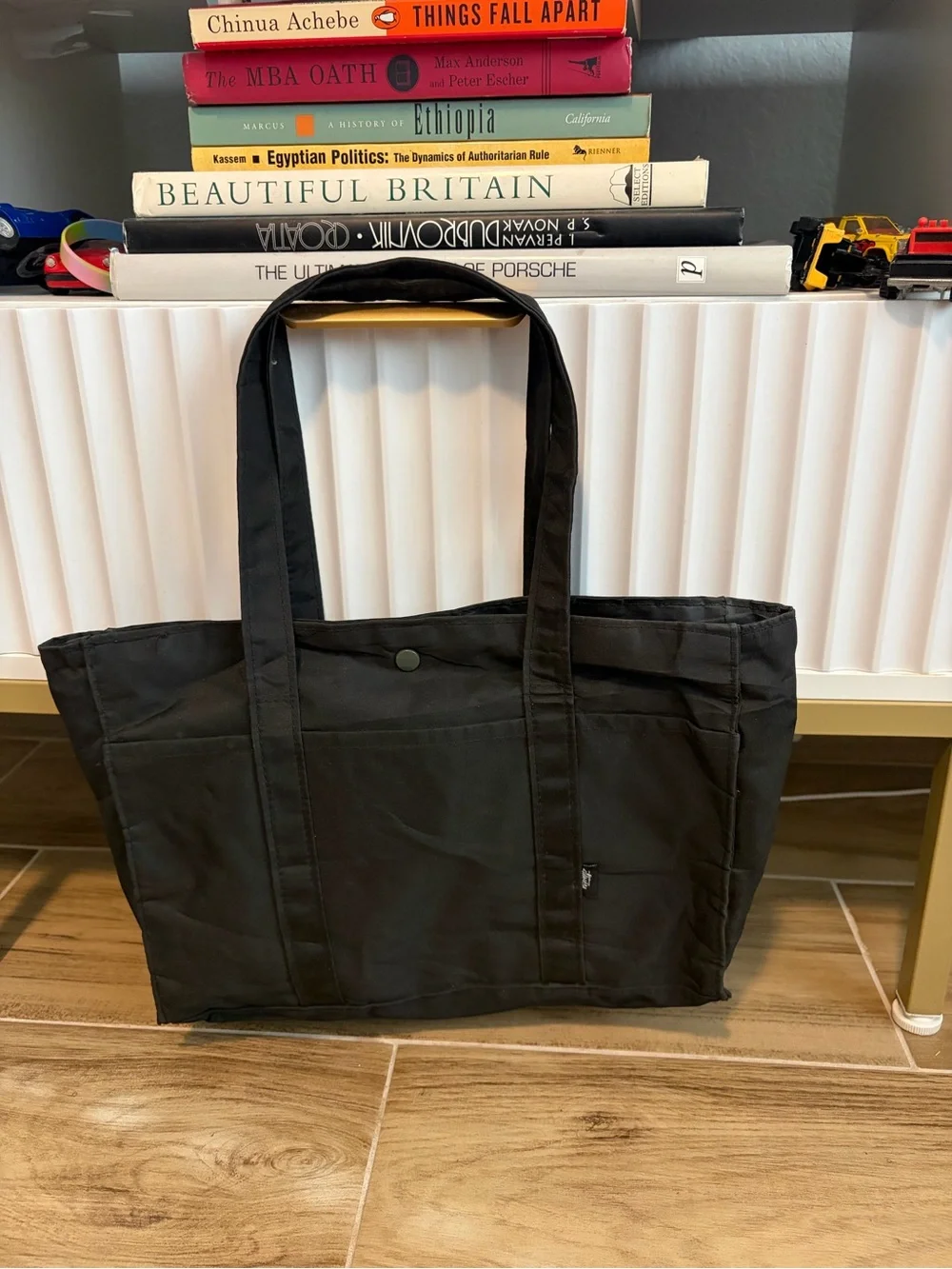 Stussy Stock Logo Canvas Tote Bag Black Utility Shoulder Bag Pocket Snap Closure